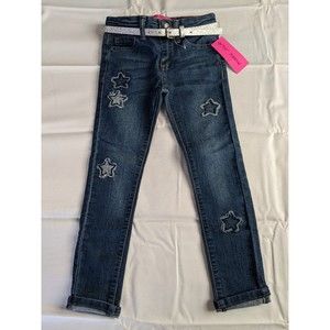 Betsey Johnson Star Embellished Med Wash 5 Pocket Zip Jeans Belt Girls sz 5 NWT
